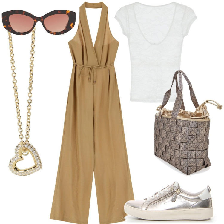 Outfit donna - Pranzo fuori. Stile Casual chic per Tutti i giorni. Abbinamento con collane, t-shirt, tute, sneakers, occhiali da sole, borse a spalla.
