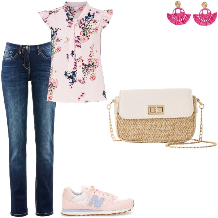 Outfit donna - Orecchini in rafia. Stile Casual chic per Ufficio. Abbinamento con bluse, jeans dritti, orecchini, shopping bag, sneakers.