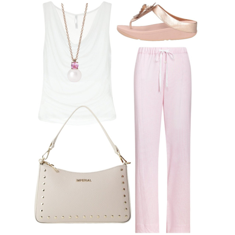 Outfit donna - Tenue. Stile Bon Ton per Tutti i giorni. Abbinamento con ciabatte, collane, top, borse a spalla, pantaloni.