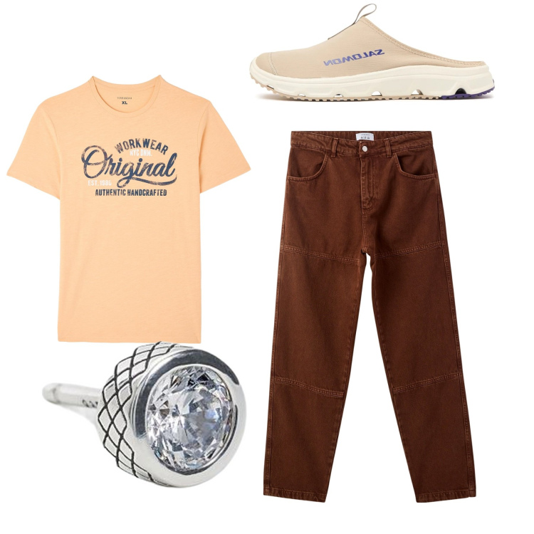 Outfit uomo - Weekend. Stile Casual per Tutti i giorni. Abbinamento con t-shirt, pantaloni, orecchini, sneakers.