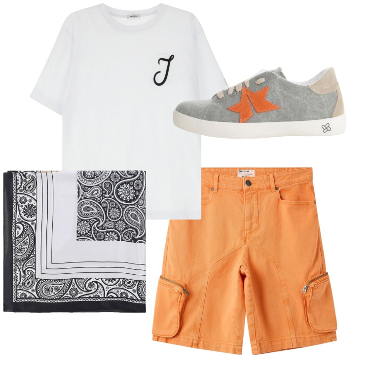 Outfit uomo - Weekend. Stile Casual per Tutti i giorni. Abbinamento con pantaloni corti, t-shirt, sneakers, sciarpe e foulard.