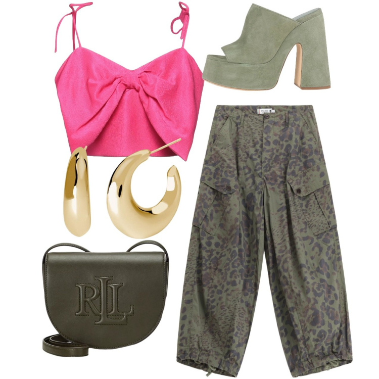 Outfit donna - I cargo di sera. Stile Casual chic per Serata fuori. Abbinamento con top, sandali in pelle, orecchini, pantaloni cargo, borse a tracolla.