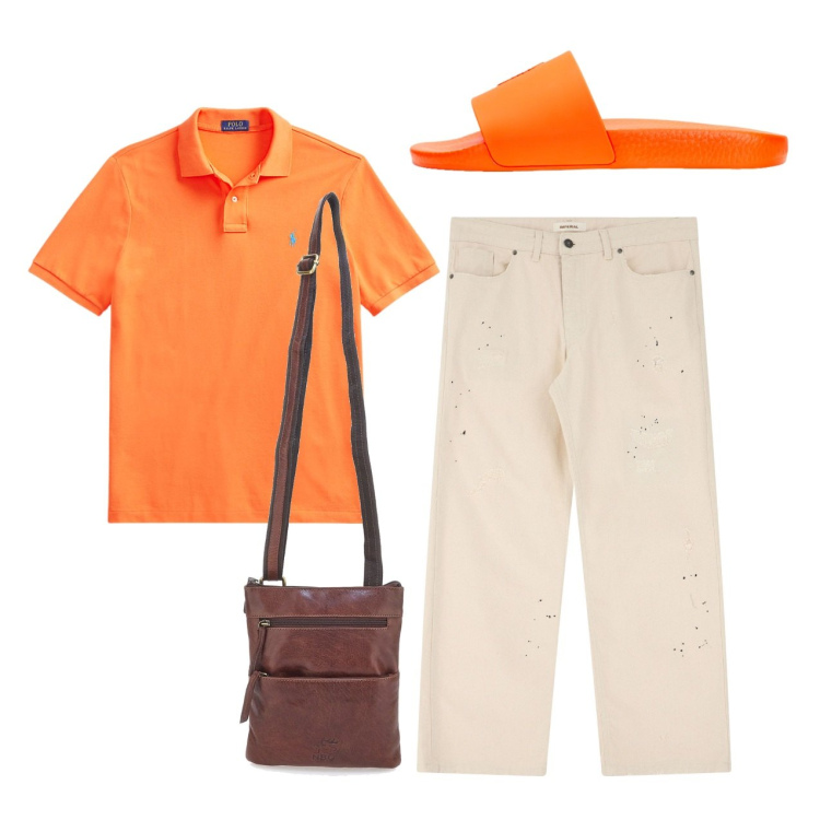 Outfit uomo - Arancio weekend. Stile Casual per Tutti i giorni. Abbinamento con pantaloni, polo, sandali, portafogli.