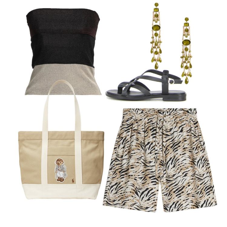 Outfit donna - La fascia. Stile Casual chic per Tutti i giorni. Abbinamento con top, bermuda, borse tote, orecchini, sandali.