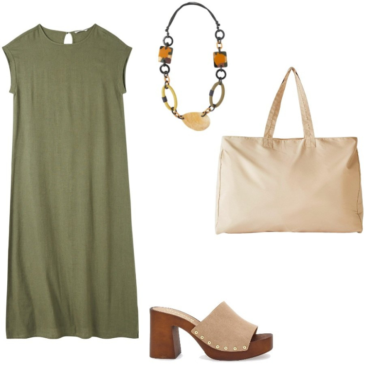 Outfit donna - Simple. Stile Casual per Tutti i giorni. Abbinamento con shopping bag, vestiti lunghi, zoccoli, collane.