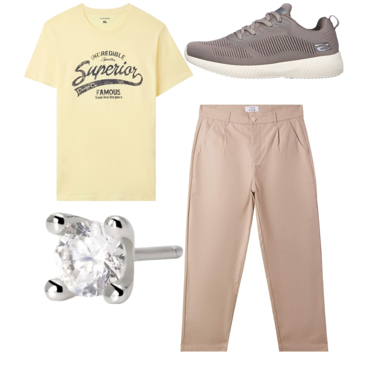 Outfit uomo - Total look. Stile Casual per Tutti i giorni. Abbinamento con t-shirt, pantaloni chino, orecchini, sneakers.