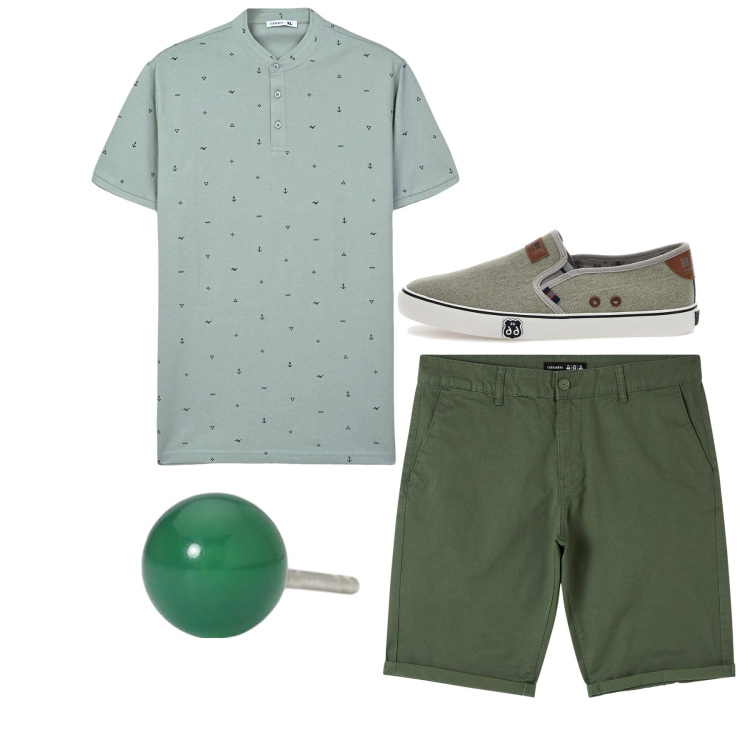 Outfit uomo - La polo a pois. Stile Casual per Tutti i giorni. Abbinamento con t-shirt, shorts, orecchini, scarpe stringate.