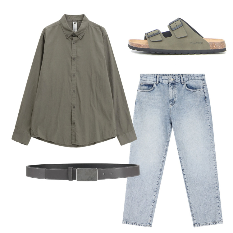 Outfit uomo - Verde grigio. Stile Casual per Tutti i giorni. Abbinamento con cinture, jeans dritti, camicie, sandali.