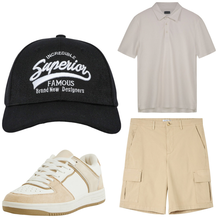 Outfit uomo - Superior. Stile Casual per Tutti i giorni. Abbinamento con cappelli con visiera, bermuda, sneakers, polo.