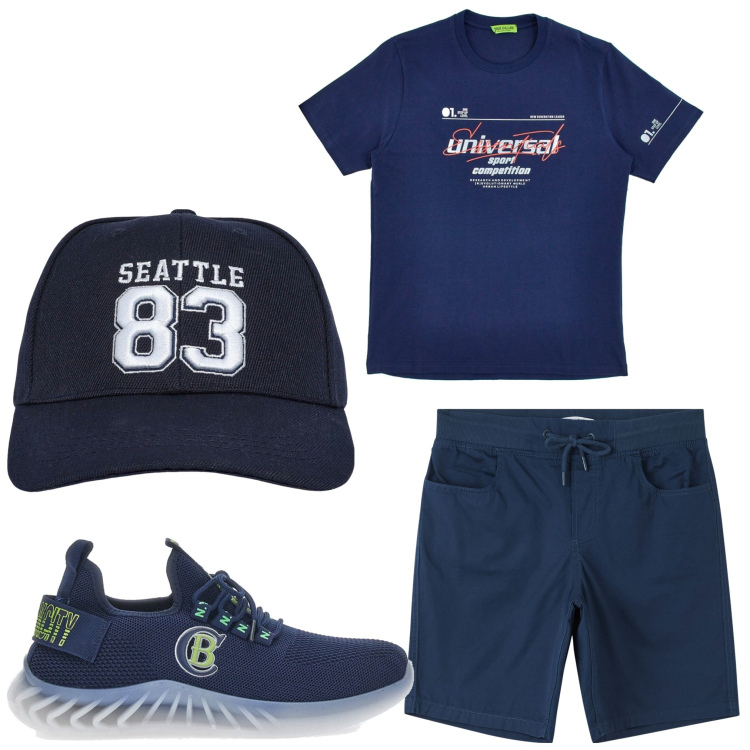 Outfit uomo - Signor blu. Stile Casual per Tutti i giorni. Abbinamento con shorts, cappelli, sneakers, t-shirt.
