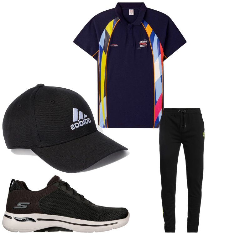 Outfit uomo - Nero a colori. Stile Casual per Tutti i giorni. Abbinamento con pantaloni, polo, sneakers, cappelli con visiera.