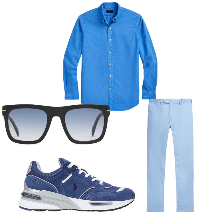 Outfit uomo - Camicia blu. Stile Casual per Tutti i giorni. Abbinamento con pantaloni chino, camicie, sneakers, occhiali da sole.
