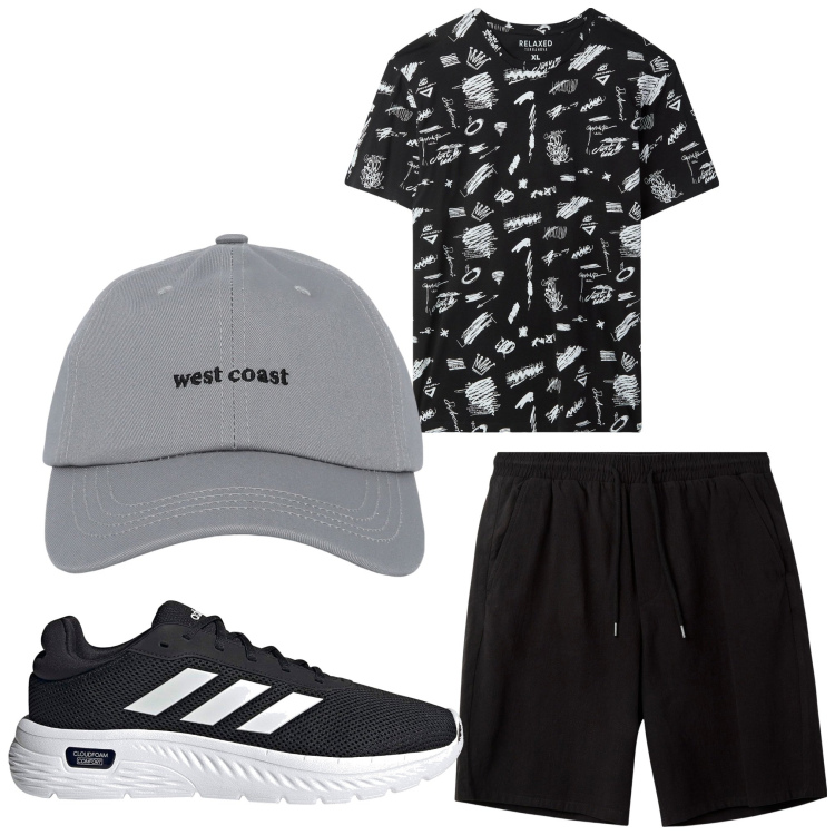 Outfit uomo - A modo mio. Stile Casual per Tutti i giorni. Abbinamento con cappelli con visiera, t-shirt, pantaloni corti, sneakers.