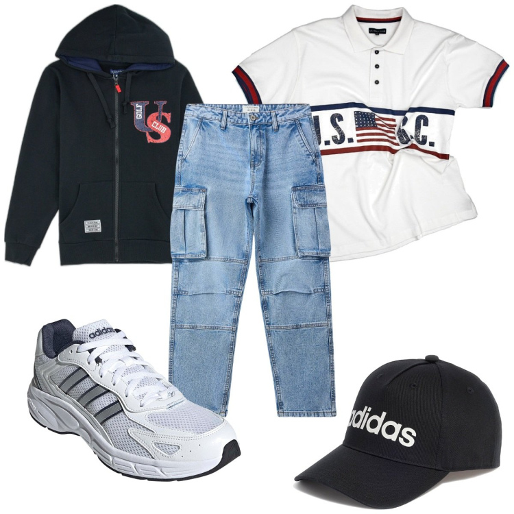 Outfit uomo - Total look #2180664. Stile Trendy per Tutti i giorni. Abbinamento con jeans, polo, cappelli, felpe con cappuccio, sneakers.