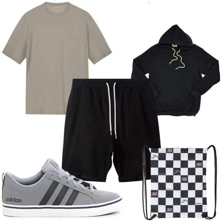 Outfit uomo - Total look #2180668. Stile Trendy per Sport. Abbinamento con borse sportive, pantaloni corti, t-shirt, felpe con cappuccio, sneakers.
