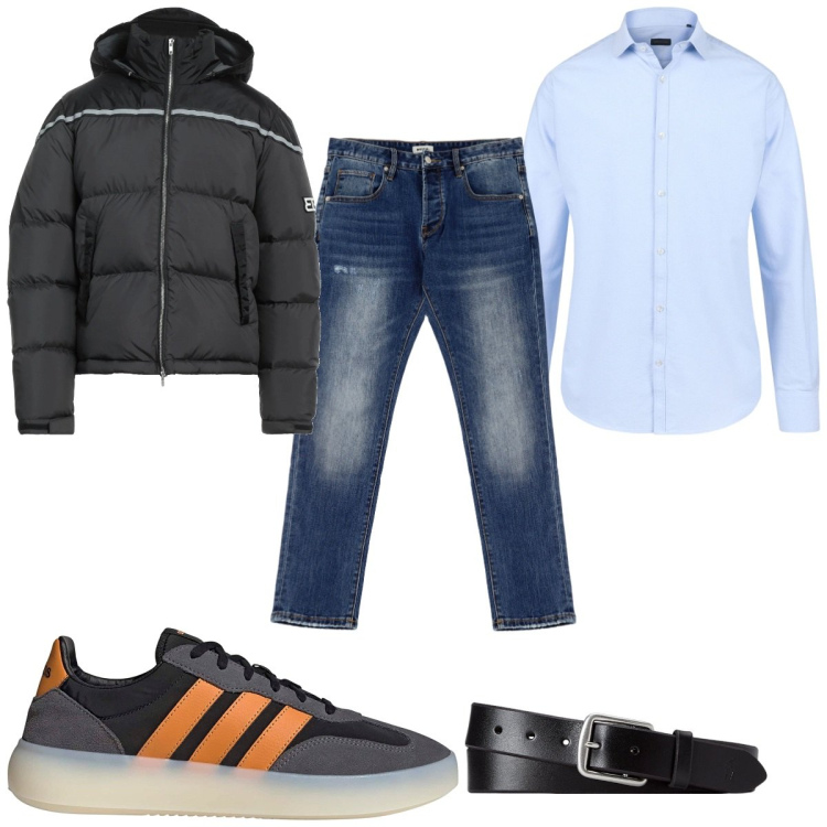 Outfit uomo - Total look #2180669. Stile Trendy per Tutti i giorni. Abbinamento con piumini, jeans dritti, cinture, camicie, sneakers.