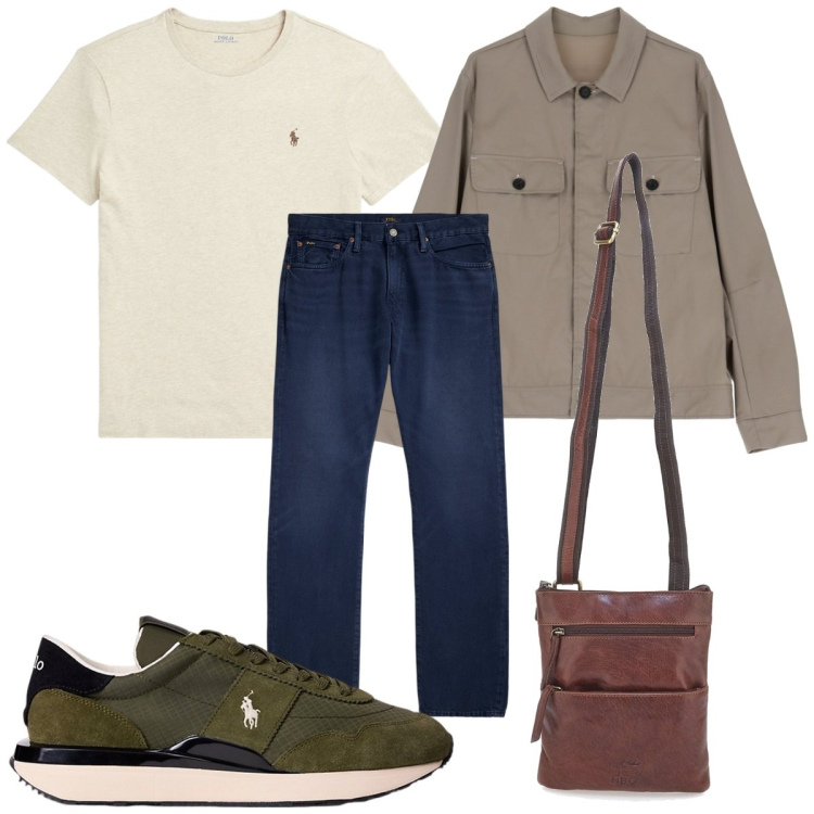 Outfit uomo - Total look #2180672. Stile Casual per Tutti i giorni. Abbinamento con giacche, t-shirt, sneakers, jeans dritti, portafogli.