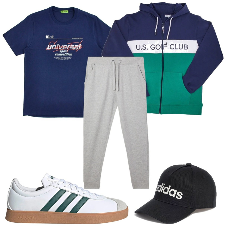 Outfit uomo - Total look #2180673. Stile Trendy per Sport. Abbinamento con pantaloni, felpe con cappuccio, cappelli, t-shirt, sneakers.