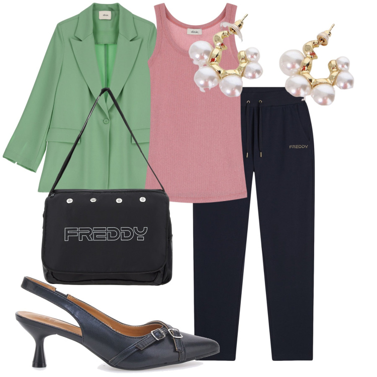 Outfit donna - Venerdì in ufficio. Stile Urban per Ufficio. Abbinamento con blazer, canottiere, orecchini, pantaloni, borse messenger, décolleté.