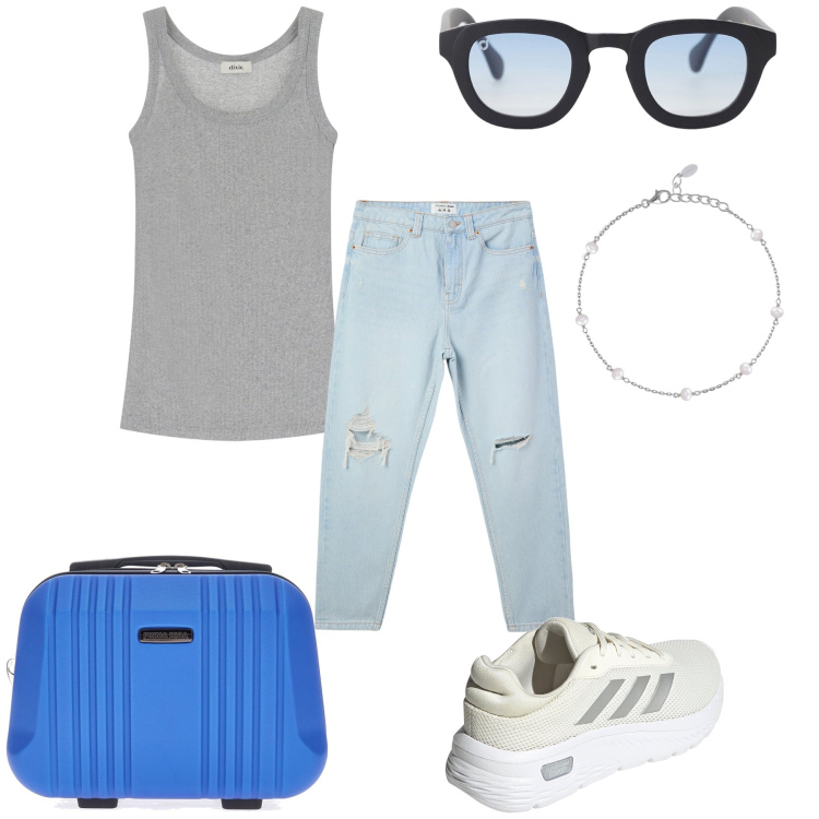 Outfit donna - Weekend. Stile Basic per Tutti i giorni. Abbinamento con jeans mom, braccialetti, occhiali da sole, canottiere, valigie, sneakers.