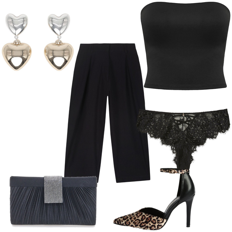 Outfit donna - Aperitivo romantico hard. Stile Sexy per Serata fuori. Abbinamento con culotte, décolleté, orecchini, top, pochette, pantaloni.