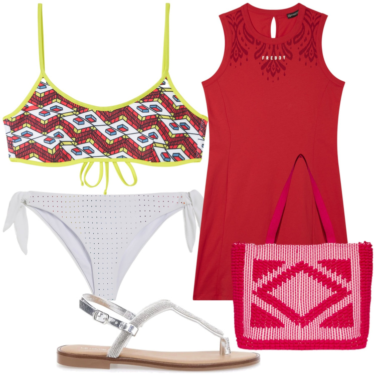 Outfit donna - Bikini. Stile Trendy per Mare. Abbinamento con bikini, vestiti midi/longuette, bikini, ciabatte, borse a mano.