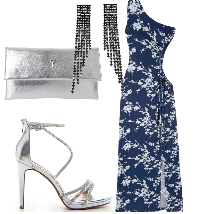 Outfit donna - Serata. Stile Trendy per Serata fuori. Abbinamento con vestiti asimmetrici, pochette, orecchini, sandali col tacco.