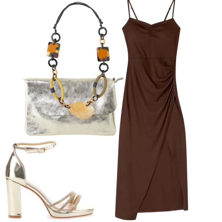 Outfit donna - Serata. Stile Minimal per Serata fuori. Abbinamento con vestiti lunghi, borse a tracolla, sandali col tacco, collane.