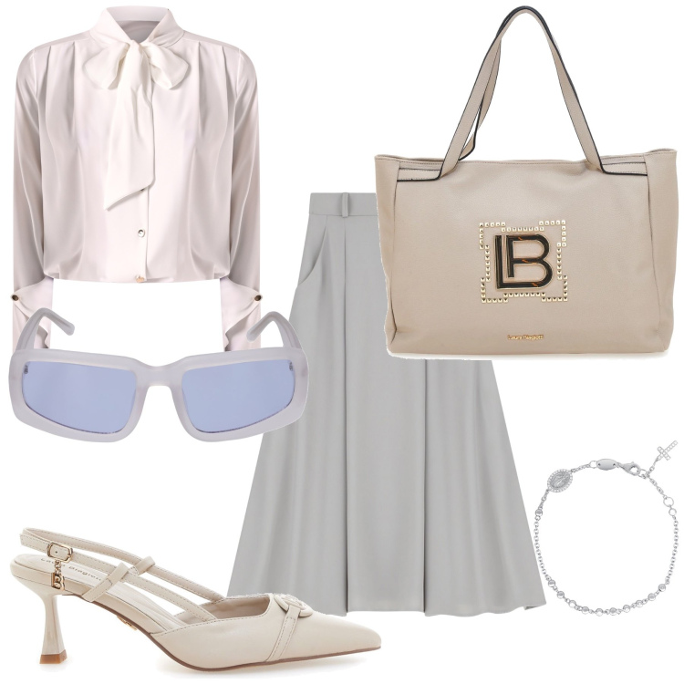 Outfit donna - Toni soft per il lavoro. Stile Bon Ton per Ufficio. Abbinamento con braccialetti con ciondoli, bluse, gonne lunghe, décolleté, borse a spalla, occhiali da sole.