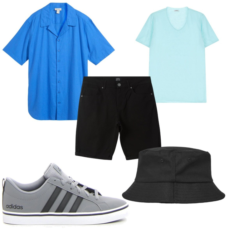 Outfit uomo - Total look #2180689. Stile Trendy per Tutti i giorni. Abbinamento con camicie a manica corta, cappelli, bermuda, t-shirt, sneakers.