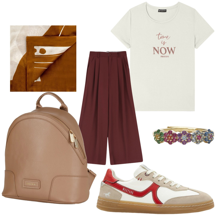 Outfit donna - Sporty chic. Stile Sporty chic per Tutti i giorni. Abbinamento con sneakers, zaini, anelli, sciarpe, pantaloni, t-shirt.