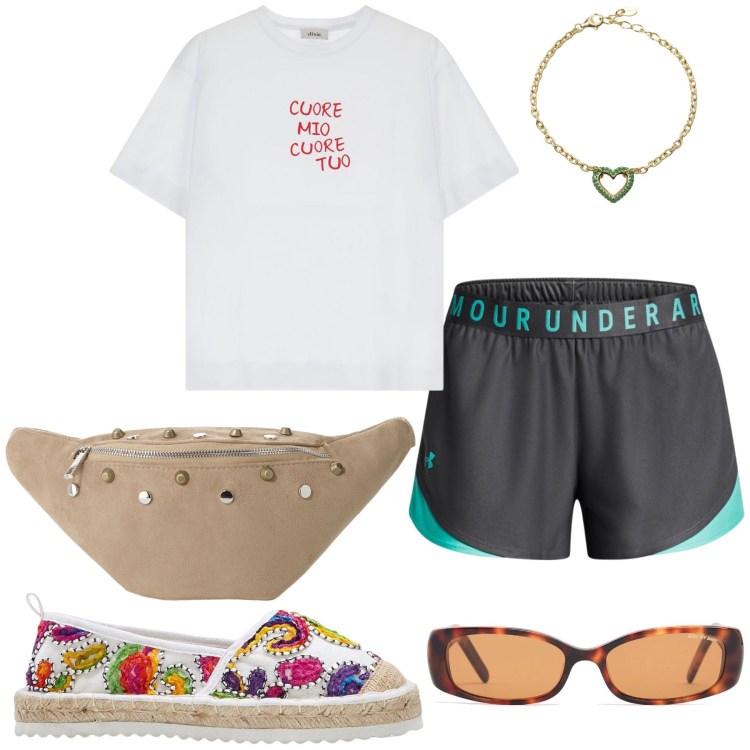 Outfit donna - Scendo al bar per colazione. Stile Basic per Tutti i giorni. Abbinamento con espadrillas, braccialetti, marsupi, t-shirt, shorts, occhiali da sole.
