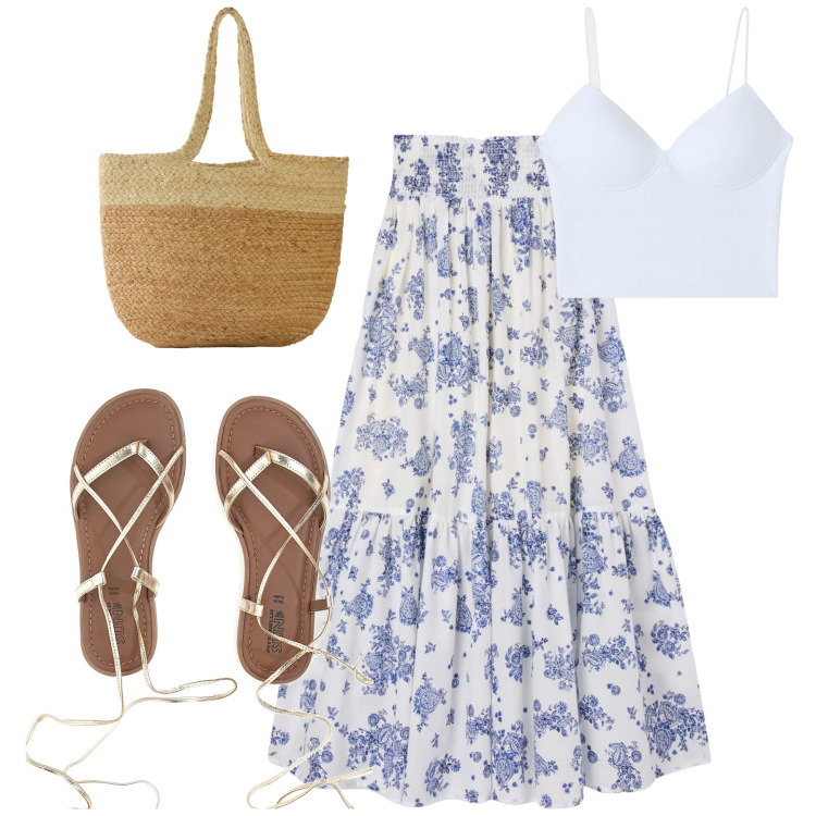 Outfit donna - Al mare. Stile Romantica per Mare. Abbinamento con shopping bag, top, gonne lunghe, sandali alla schiava.