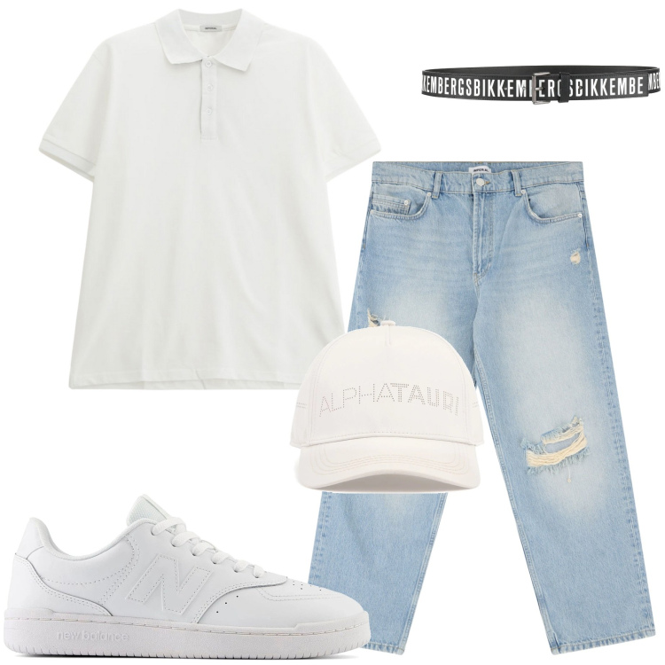 Outfit uomo - Basic style. Stile Casual per Tutti i giorni. Abbinamento con cinture, jeans strappati, polo, cappelli, sneakers.