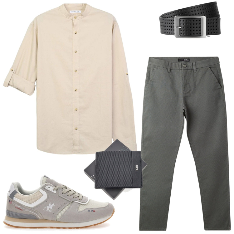 Outfit uomo - In ufficio. Stile Urban per Ufficio. Abbinamento con cinture, pantaloni chino, camicie, portafogli, sneakers.