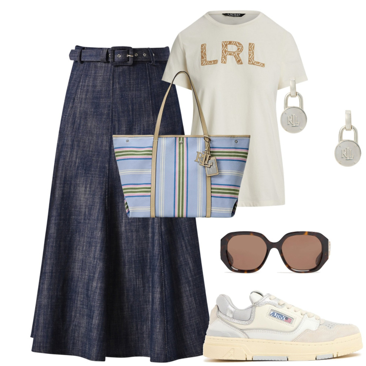Outfit donna - City. Stile Casual chic per Tutti i giorni. Abbinamento con gonne longuette, orecchini, borse tote, t-shirt, sneakers, occhiali da sole.