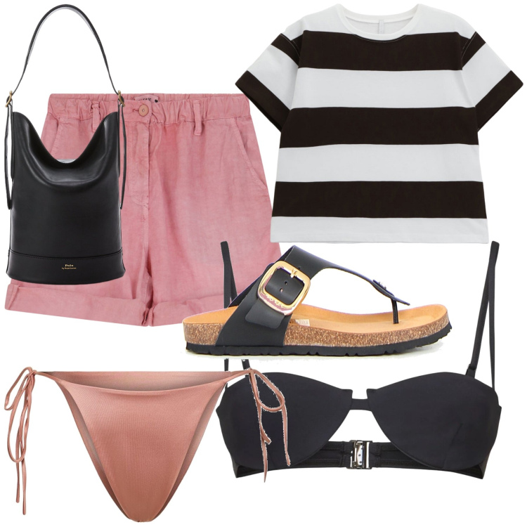 Outfit donna - Pantaloncino copricostume. Stile Bon Ton per Mare. Abbinamento con shorts, t-shirt, borse a secchiello, bikini, bikini, infradito.