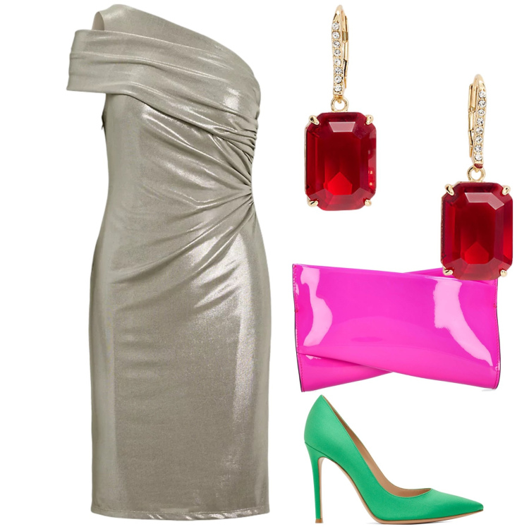 Outfit donna - Serata fuori dagli schemi. Stile Trendy per Serata fuori. Abbinamento con vestiti asimmetrici, orecchini, pochette, décolleté.