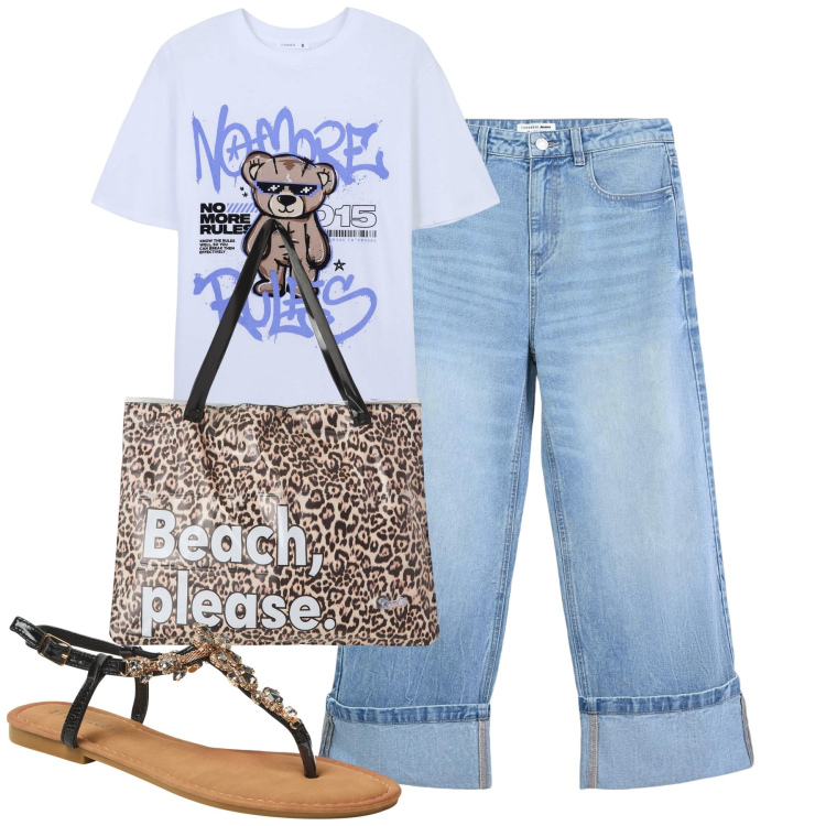 Outfit donna - Giugno. Stile Casual per Tutti i giorni. Abbinamento con t-shirt, borse tote, jeans, sandali gioiello.