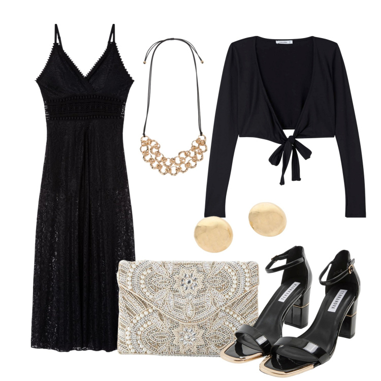 Outfit donna - Pizzo nero. Stile Glamour per Serata fuori. Abbinamento con pochette, vestiti lunghi, sabot, blazer, orecchini, collane.