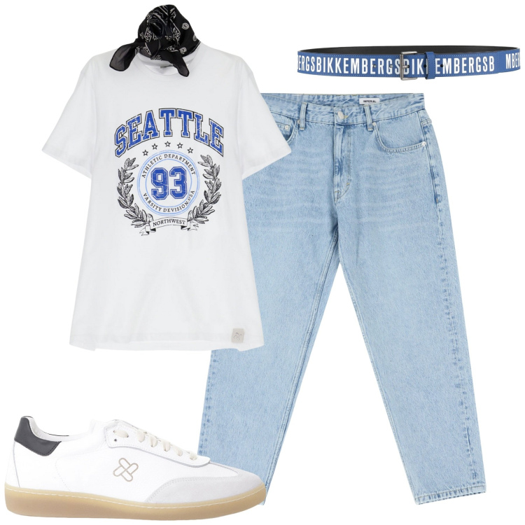 Outfit uomo - Giugno. Stile Casual per Tutti i giorni. Abbinamento con cinture, sneakers, t-shirt, jeans.