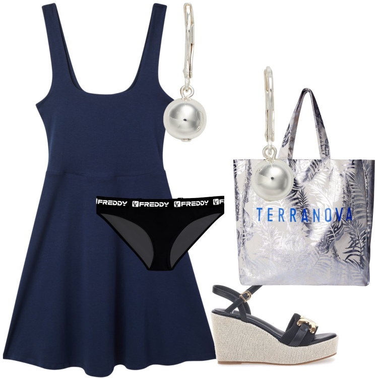 Outfit donna - LBD on the beach. Stile Glamour per Mare. Abbinamento con borse tote, vestiti, culotte, orecchini, zeppe.
