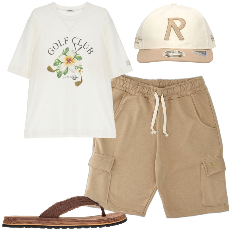 Outfit uomo - Weekend. Stile Casual per Tutti i giorni. Abbinamento con t-shirt, pantaloni corti, sandali, cappelli.
