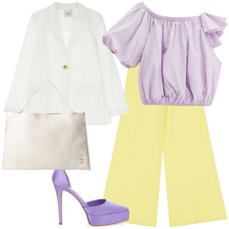 Outfit donna - Colore nell ufficio. Stile Glamour per Ufficio. Abbinamento con top, pantaloni, borse a spalla, blazer, décolleté.