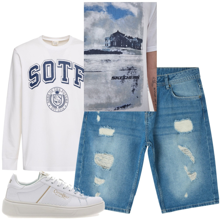 Outfit uomo - Sera al mare. Stile Casual per Mare. Abbinamento con shorts, sneakers, t-shirt, t-shirt.