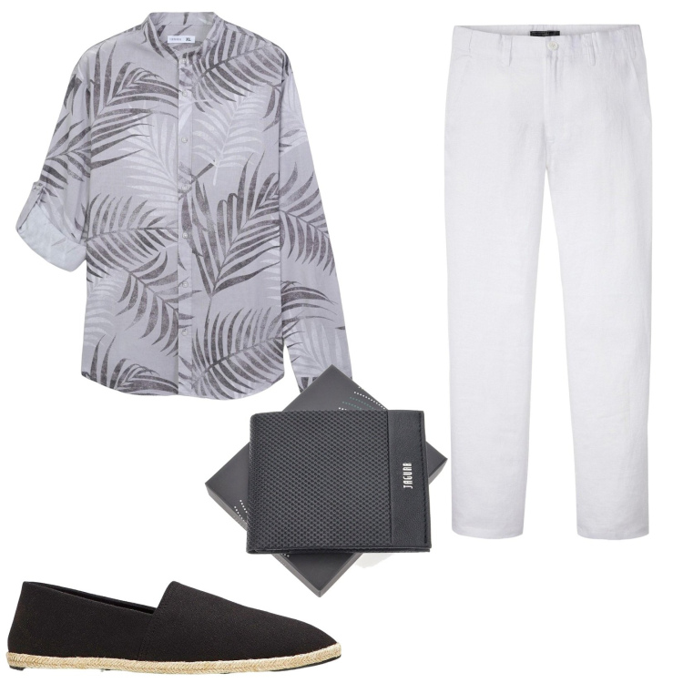 Outfit uomo - Look da aperitivo. Stile Trendy per Serata speciale. Abbinamento con espadrillas, pantaloni, camicie, portafogli.
