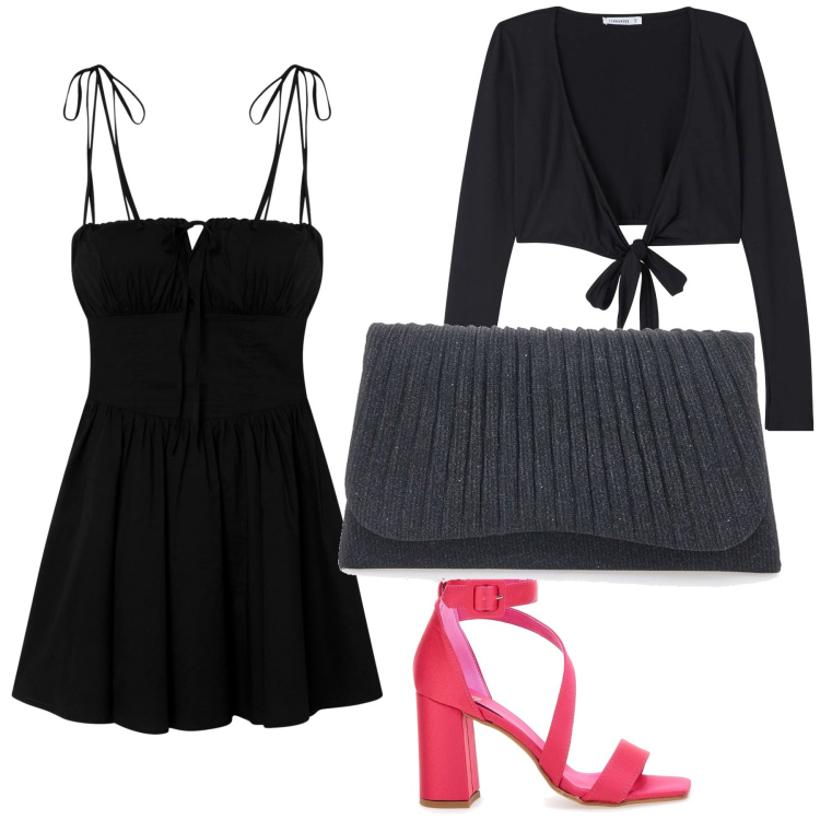 Outfit donna - La scarpa fucsia. Stile Glamour per Serata fuori. Abbinamento con vestiti corti, blazer, sandali col tacco, clutch.