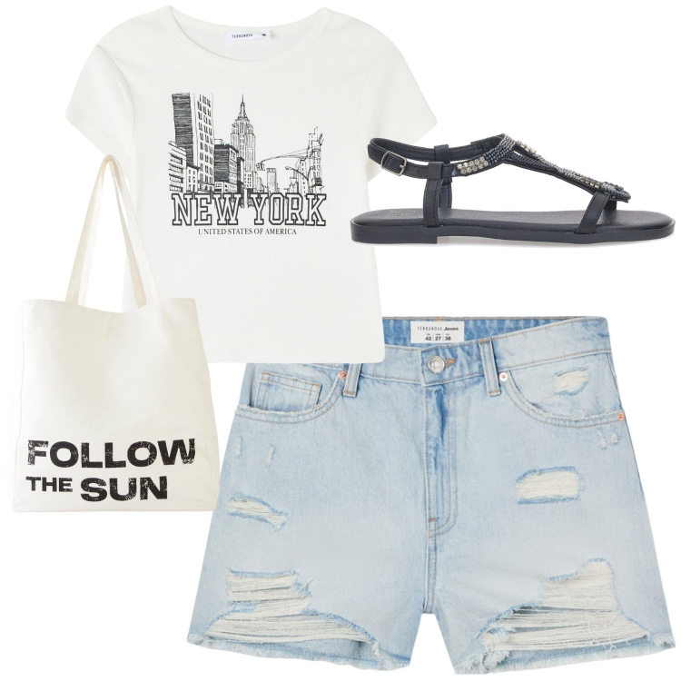 Outfit donna - Con le amiche. Stile Casual per Tutti i giorni. Abbinamento con shopping bag, t-shirt, shorts, sandali gioiello.