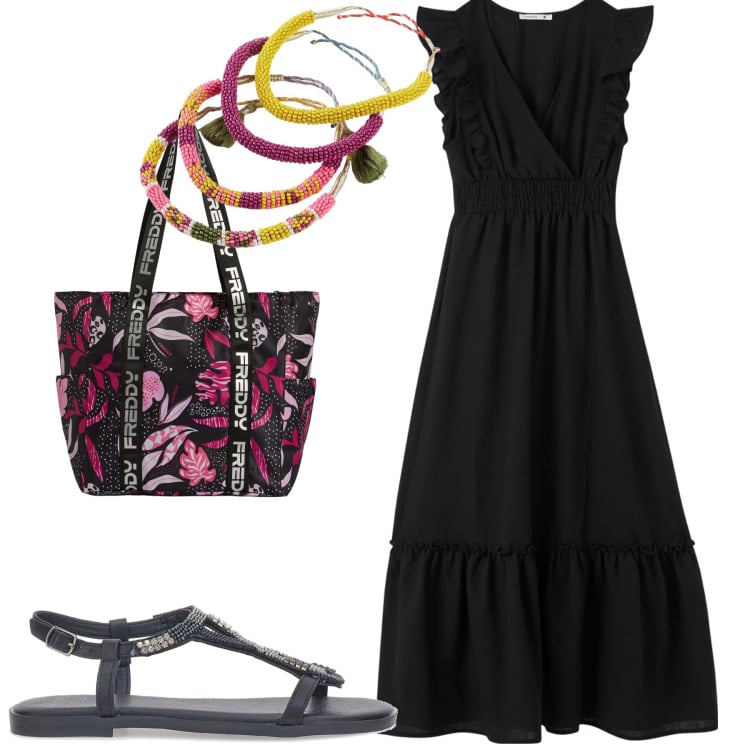 Outfit donna - Summer. Stile Casual per Tutti i giorni. Abbinamento con braccialetti, vestiti lunghi, shopping bag, sandali gioiello.