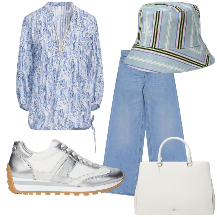 Outfit donna - Freschissima passeggiata. Stile Sporty chic per Tutti i giorni. Abbinamento con top, jeans a zampa, sneakers, borse a mano, cappelli.